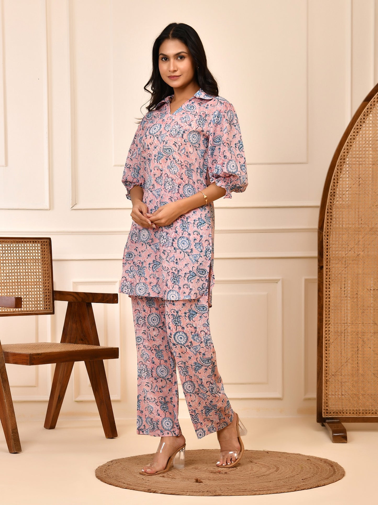 Pink & Blue Hand block Floral Print Cotton Co-ord Set | Puff Sleeve Shirt & Pant