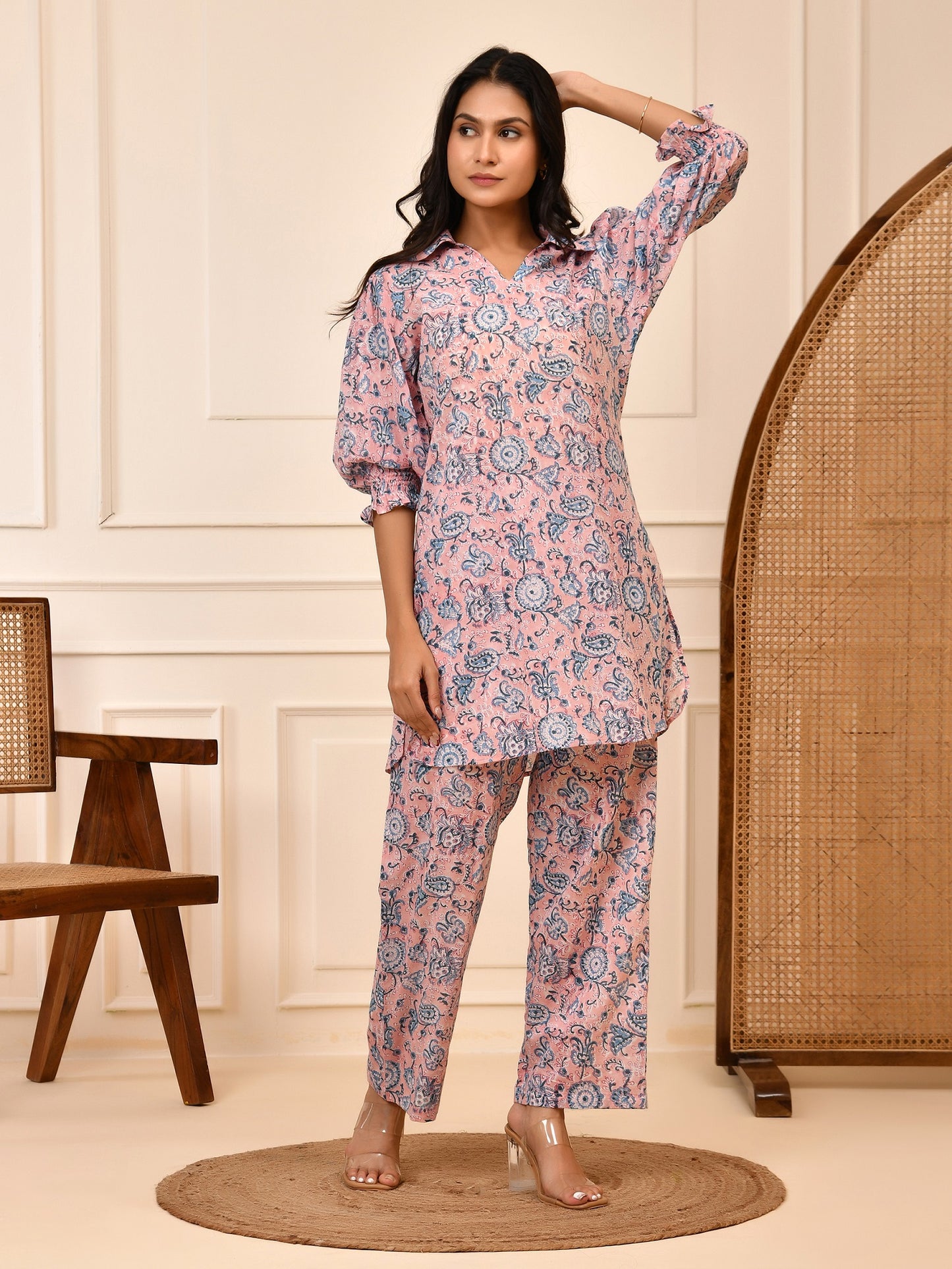 Pink & Blue Hand block Floral Print Cotton Co-ord Set | Puff Sleeve Shirt & Pant