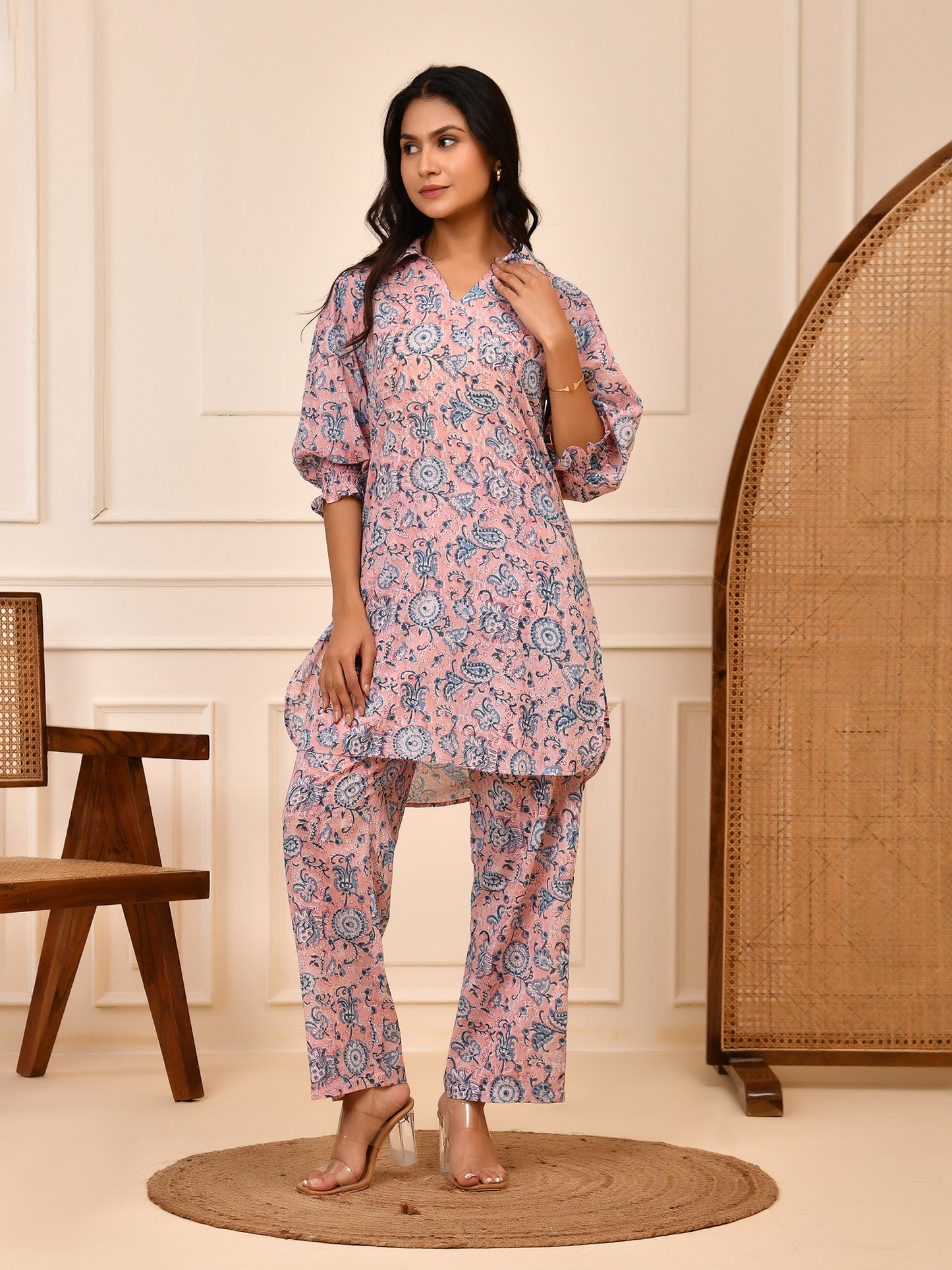 Pink & Blue Hand block Floral Print Cotton Co-ord Set | Puff Sleeve Shirt & Pant