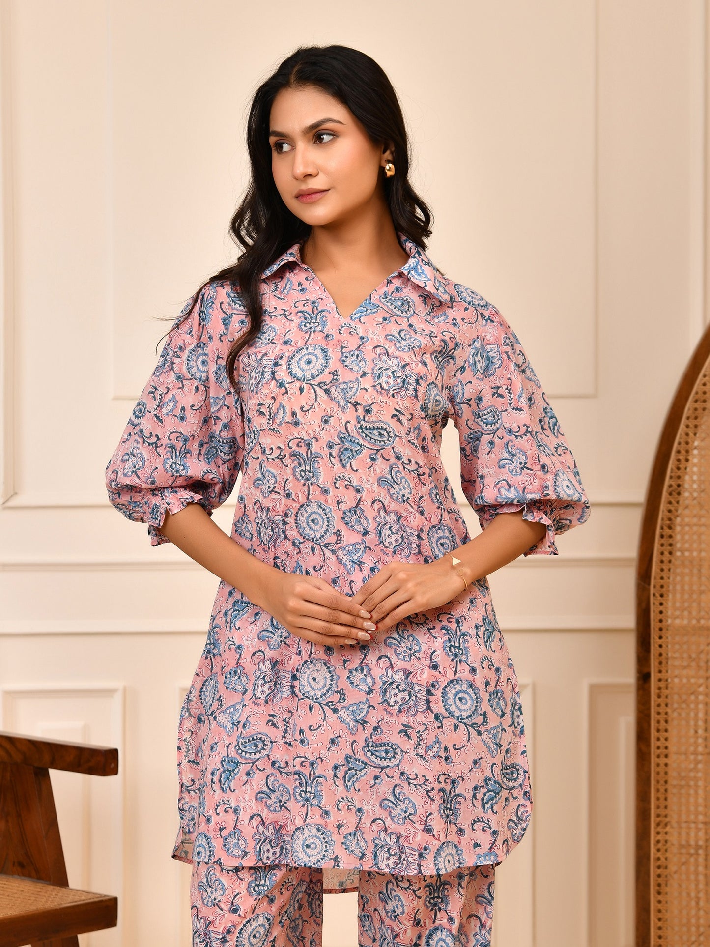 Pink & Blue Hand block Floral Print Cotton Co-ord Set | Puff Sleeve Shirt & Pant