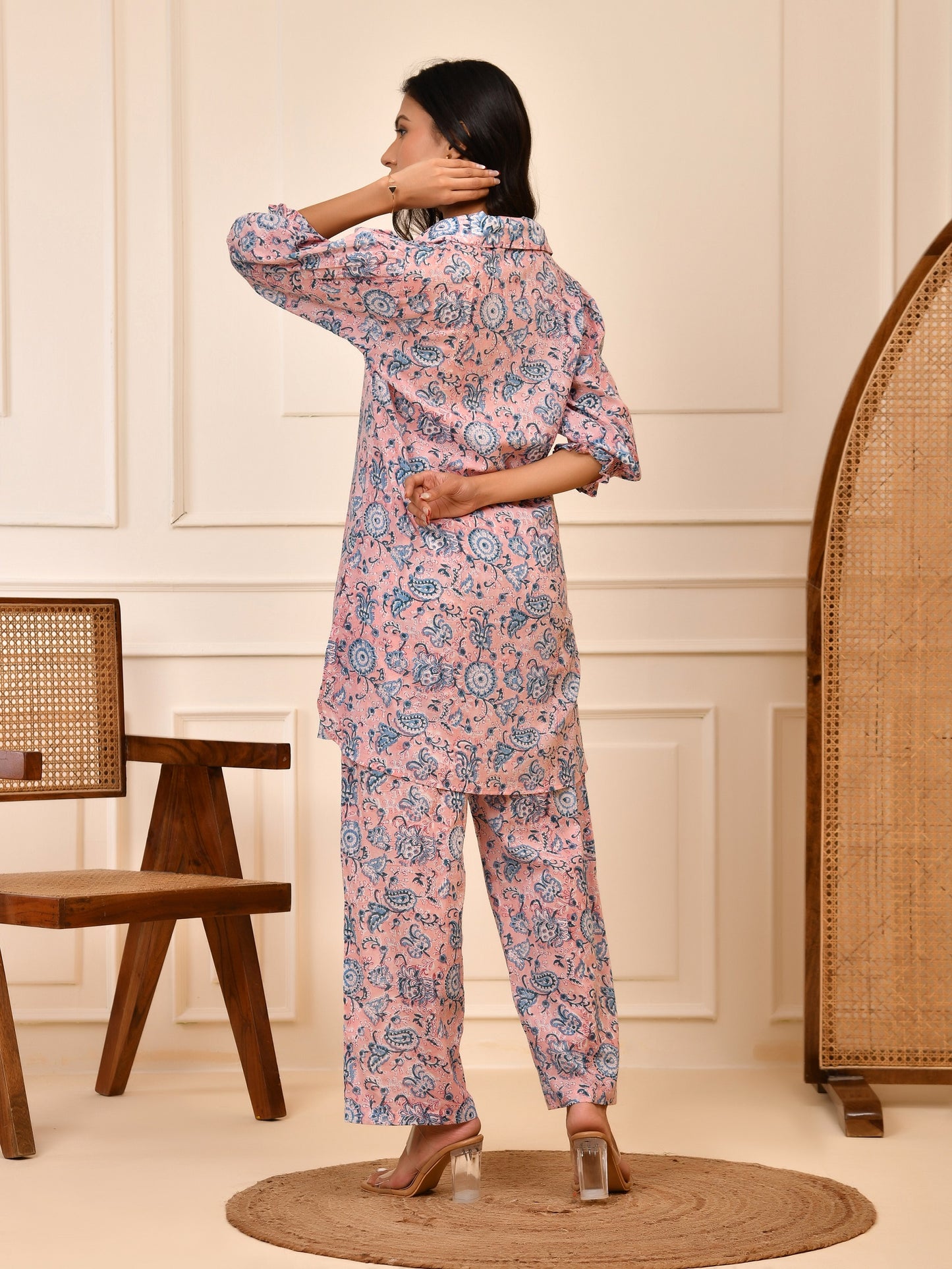 Pink & Blue Hand block Floral Print Cotton Co-ord Set | Puff Sleeve Shirt & Pant