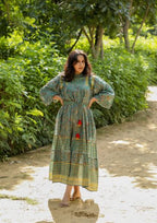 Hand Block Printed Green Color Handmade Cotton Free Size Wrapped Jaipuri Maxi Dress