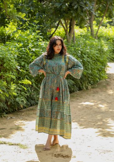 Hand Block Printed Green Color Handmade Cotton Free Size Wrapped Jaipuri Maxi Dress