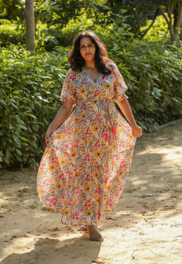 Hand Block printed Ashiya Wrap Around Maxi Dress