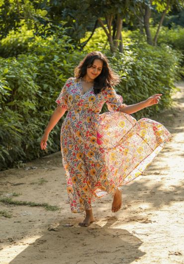 Hand Block printed Ashiya Wrap Around Maxi Dress