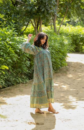 Hand Block Printed Green Color Handmade Cotton Free Size Wrapped Jaipuri Maxi Dress