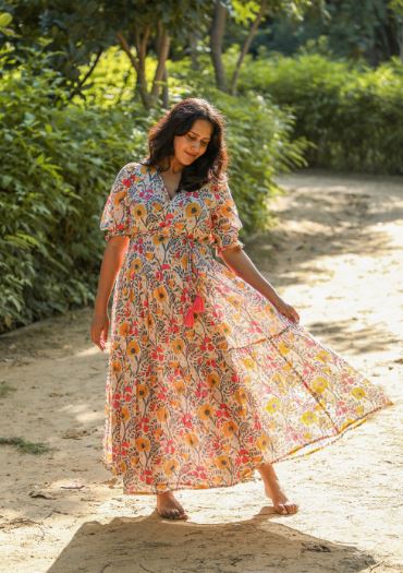 Hand Block printed Ashiya Wrap Around Maxi Dress