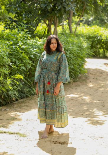 Hand Block Printed Green Color Handmade Cotton Free Size Wrapped Jaipuri Maxi Dress