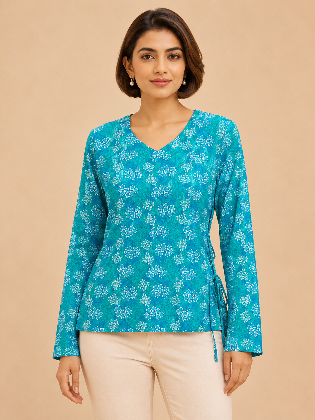 Naira Hand Block Printed Cotton Top for Women | Full Sleeve V-Neck Office Wear Top