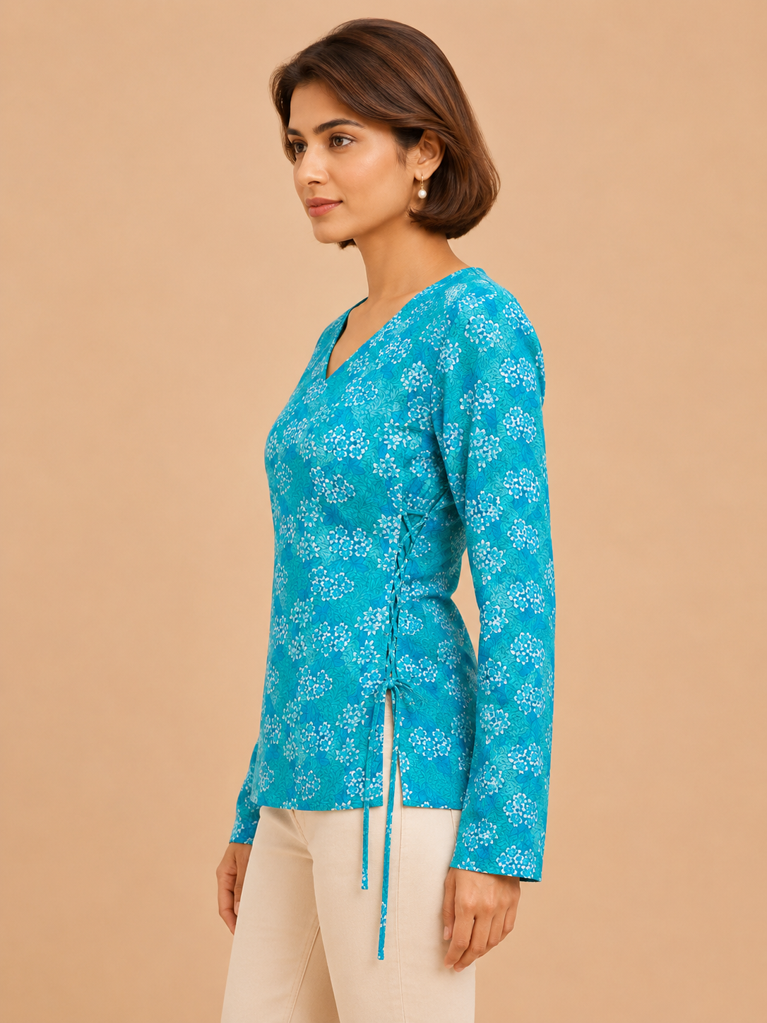 Naira Hand Block Printed Cotton Top for Women | Full Sleeve V-Neck Office Wear Top