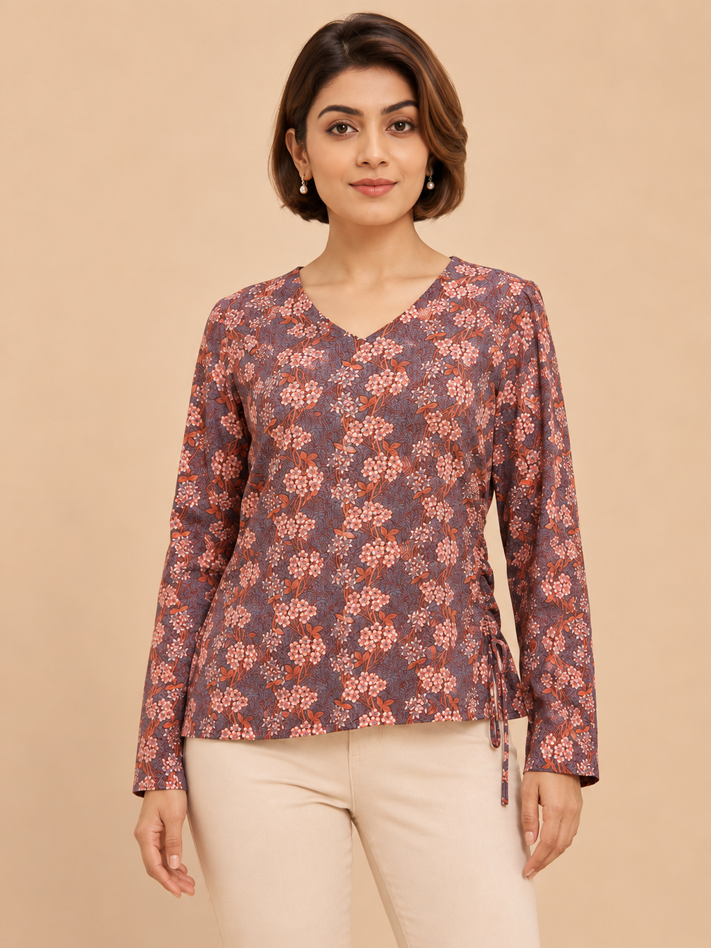 Naira Hand Block Printed Cotton Top for Women | Full Sleeve V-Neck Office Wear Top