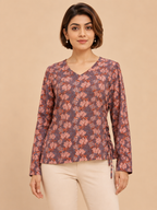 Naira Hand Block Printed Cotton Top for Women | Full Sleeve V-Neck Office Wear Top