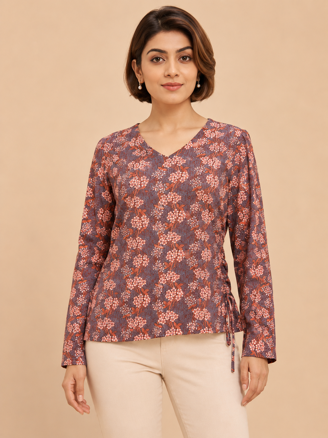 Naira Hand Block Printed Cotton Top for Women | Full Sleeve V-Neck Office Wear Top