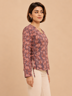 Naira Hand Block Printed Cotton Top for Women | Full Sleeve V-Neck Office Wear Top