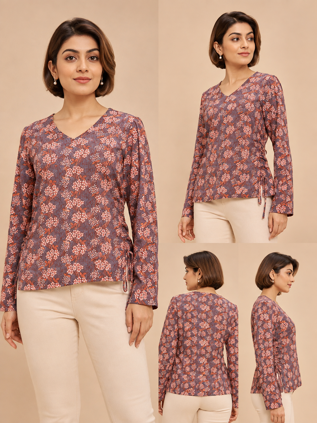 Naira Hand Block Printed Cotton Top for Women | Full Sleeve V-Neck Office Wear Top