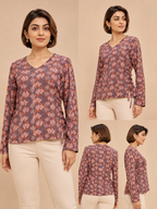Naira Hand Block Printed Cotton Top for Women | Full Sleeve V-Neck Office Wear Top