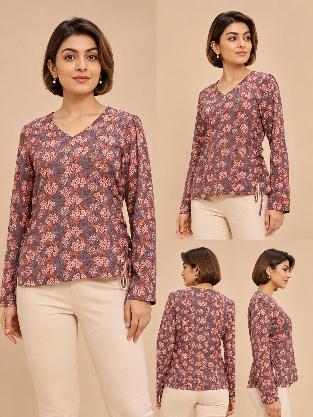 Naira Hand Block Printed Cotton Top for Women | Full Sleeve V-Neck Office Wear Top