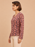 Naira Hand Block Printed Cotton Top for Women | Full Sleeve V-Neck Office Wear Top