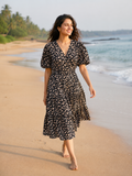 Black Floral Hand Block Print Cotton Cocoa Midi Dress for Women