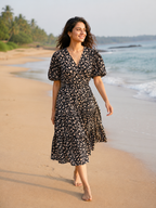 Black Floral Hand Block Print Cotton Cocoa Midi Dress for Women