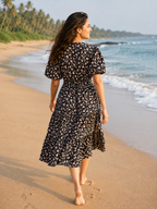 Black Floral Hand Block Print Cotton Cocoa Midi Dress for Women