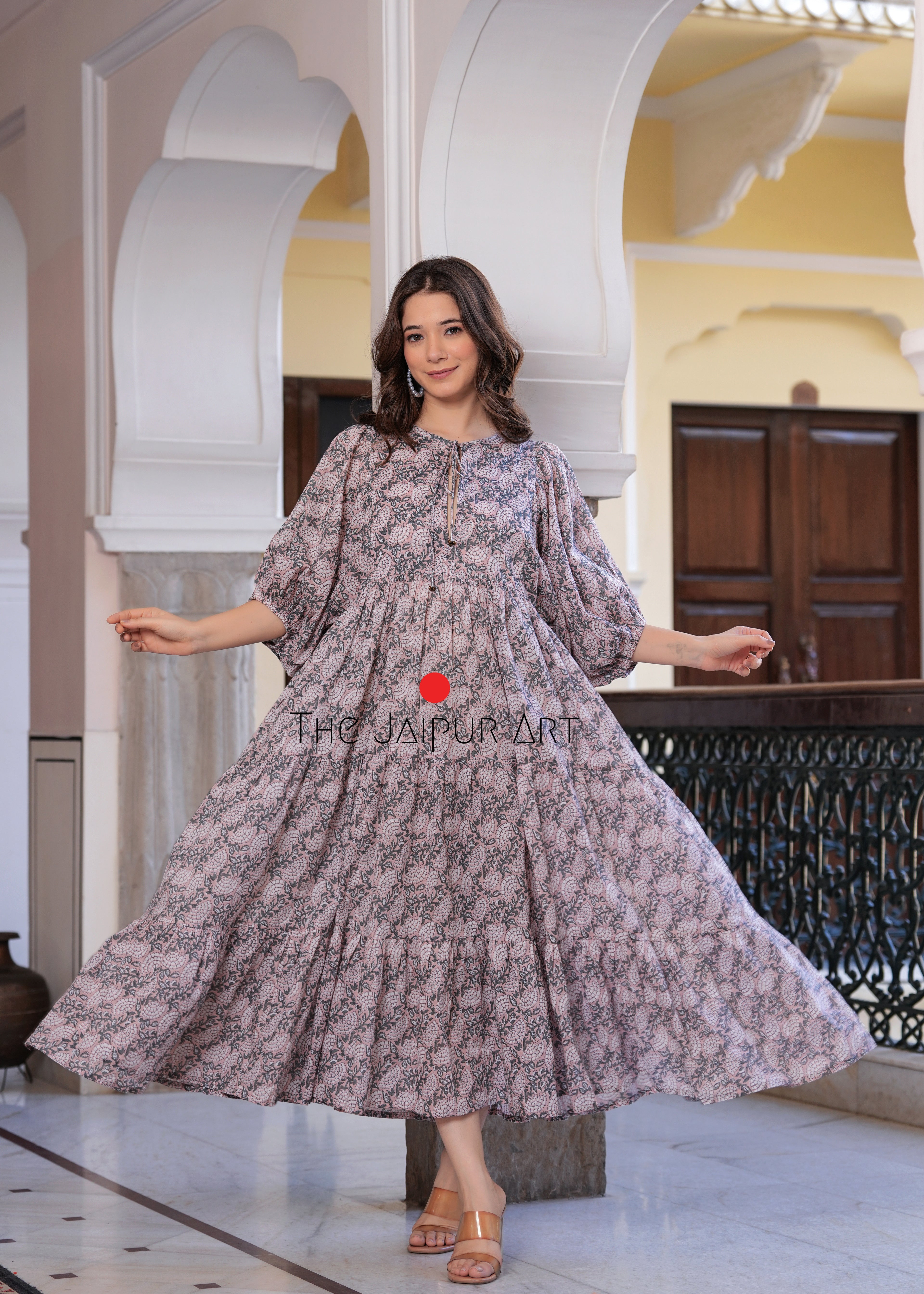 Hand Block Printed Rose Maxi ~Coral Peach