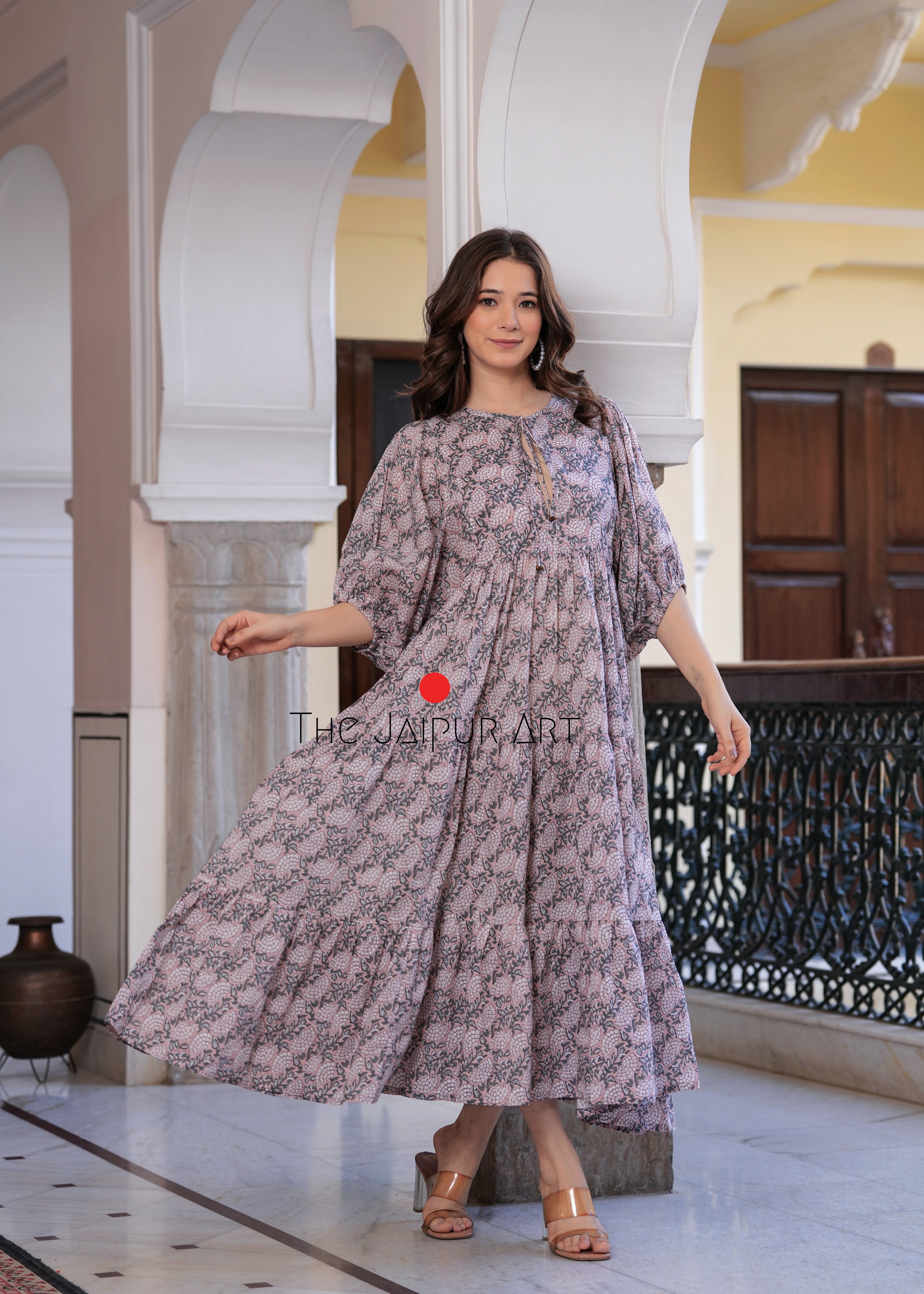 Hand Block Printed Rose Maxi ~Coral Peach