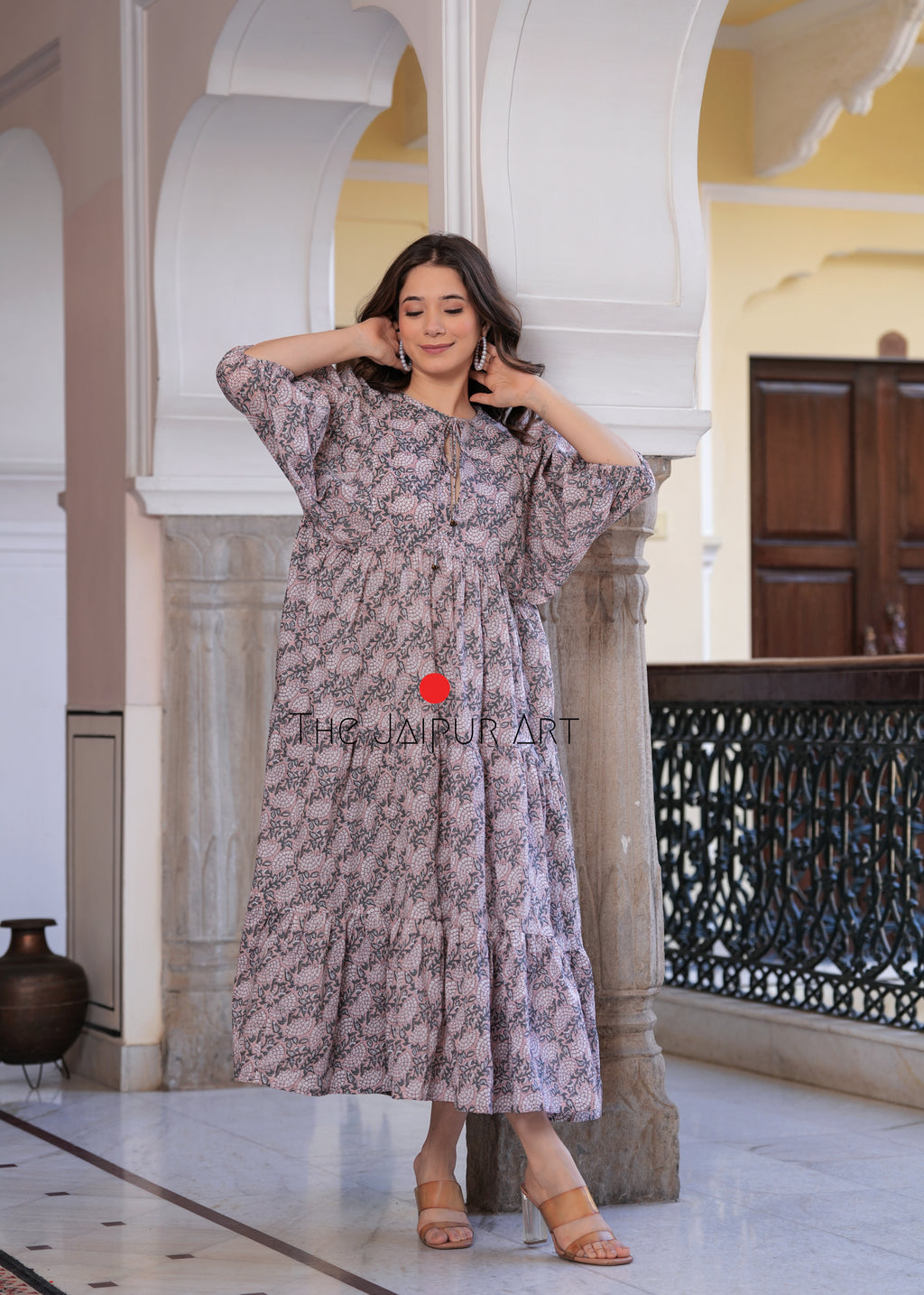 Hand Block Printed Rose Maxi ~Coral Peach