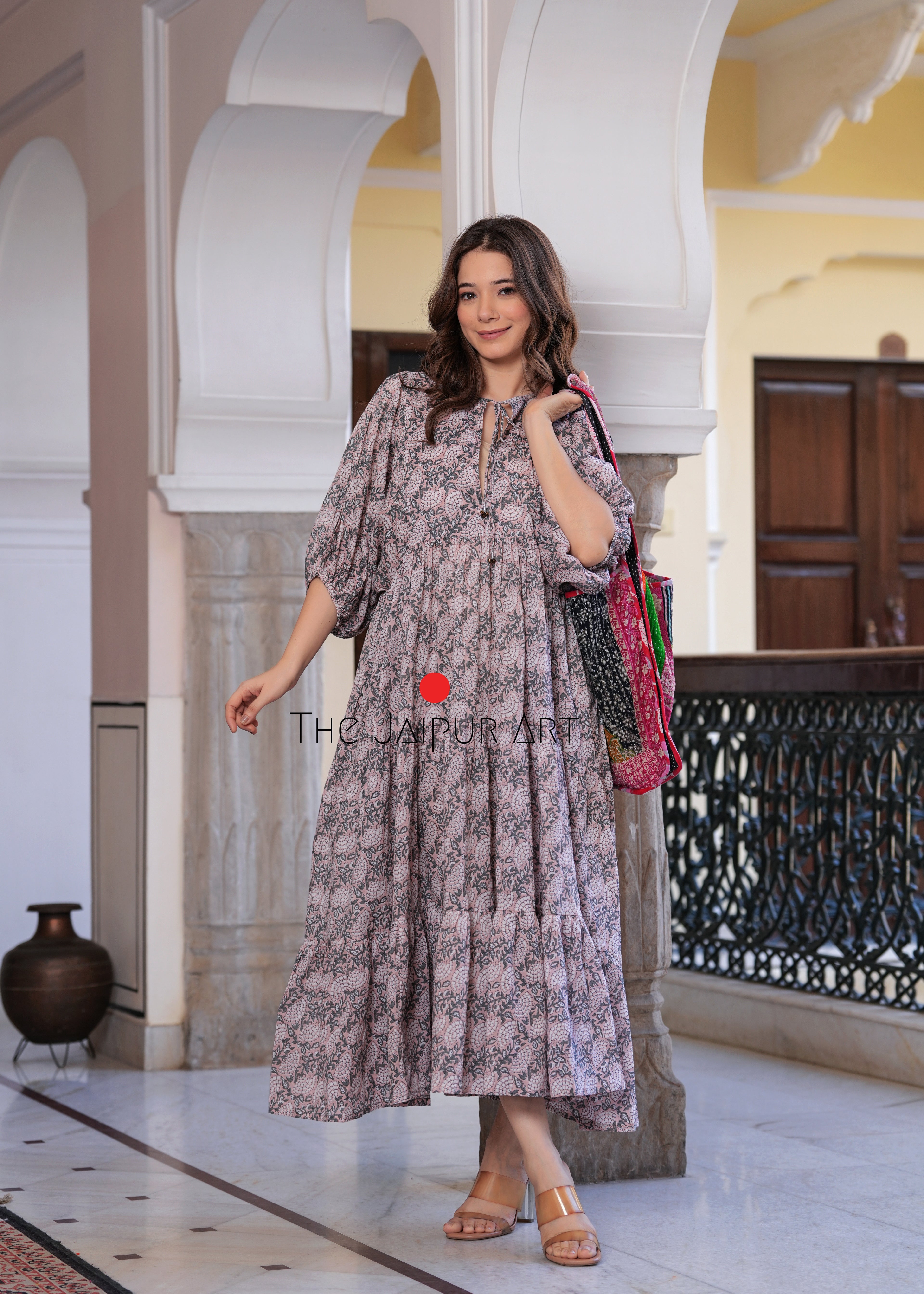 Hand Block Printed Rose Maxi ~Coral Peach