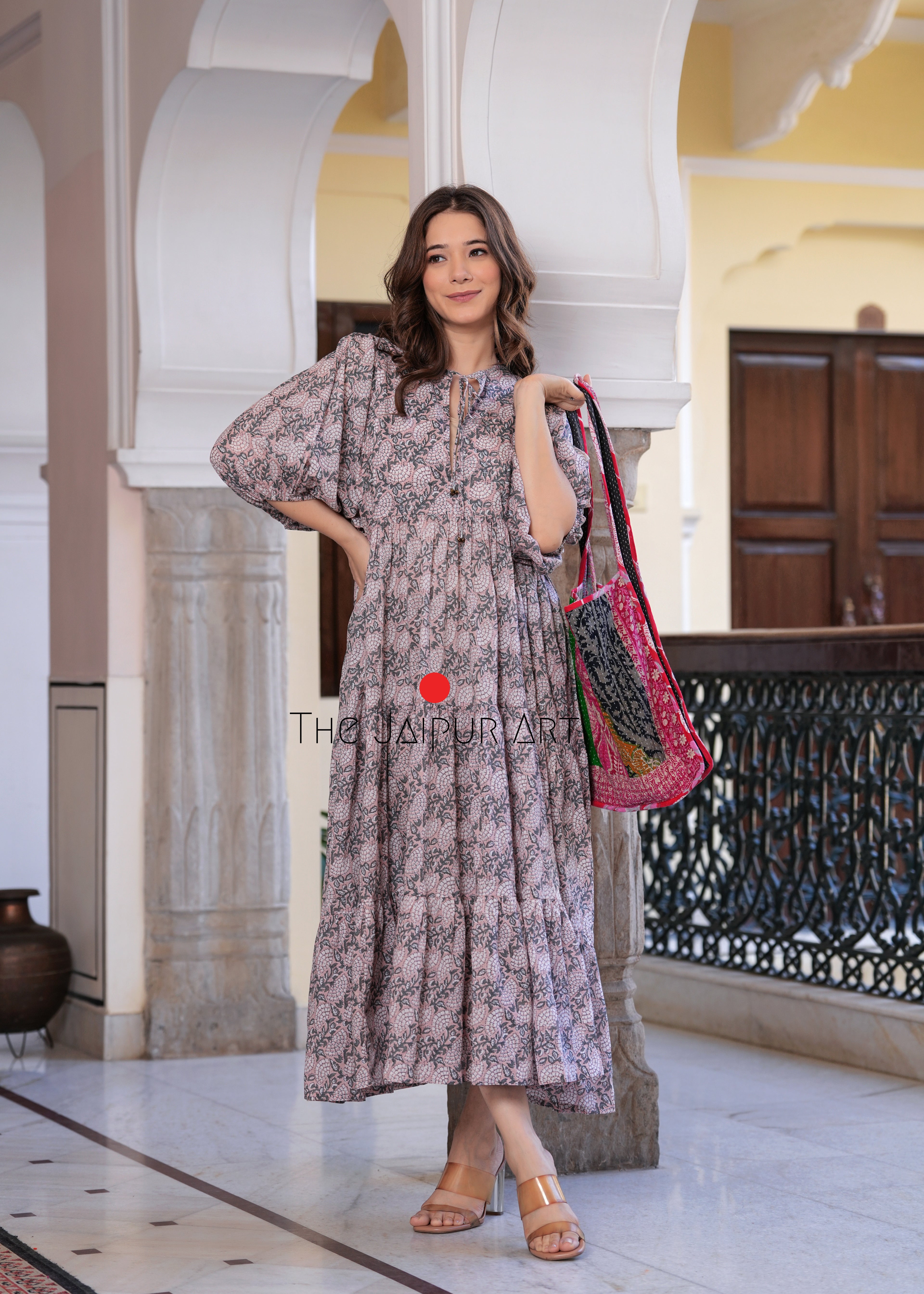 Hand Block Printed Rose Maxi ~Coral Peach