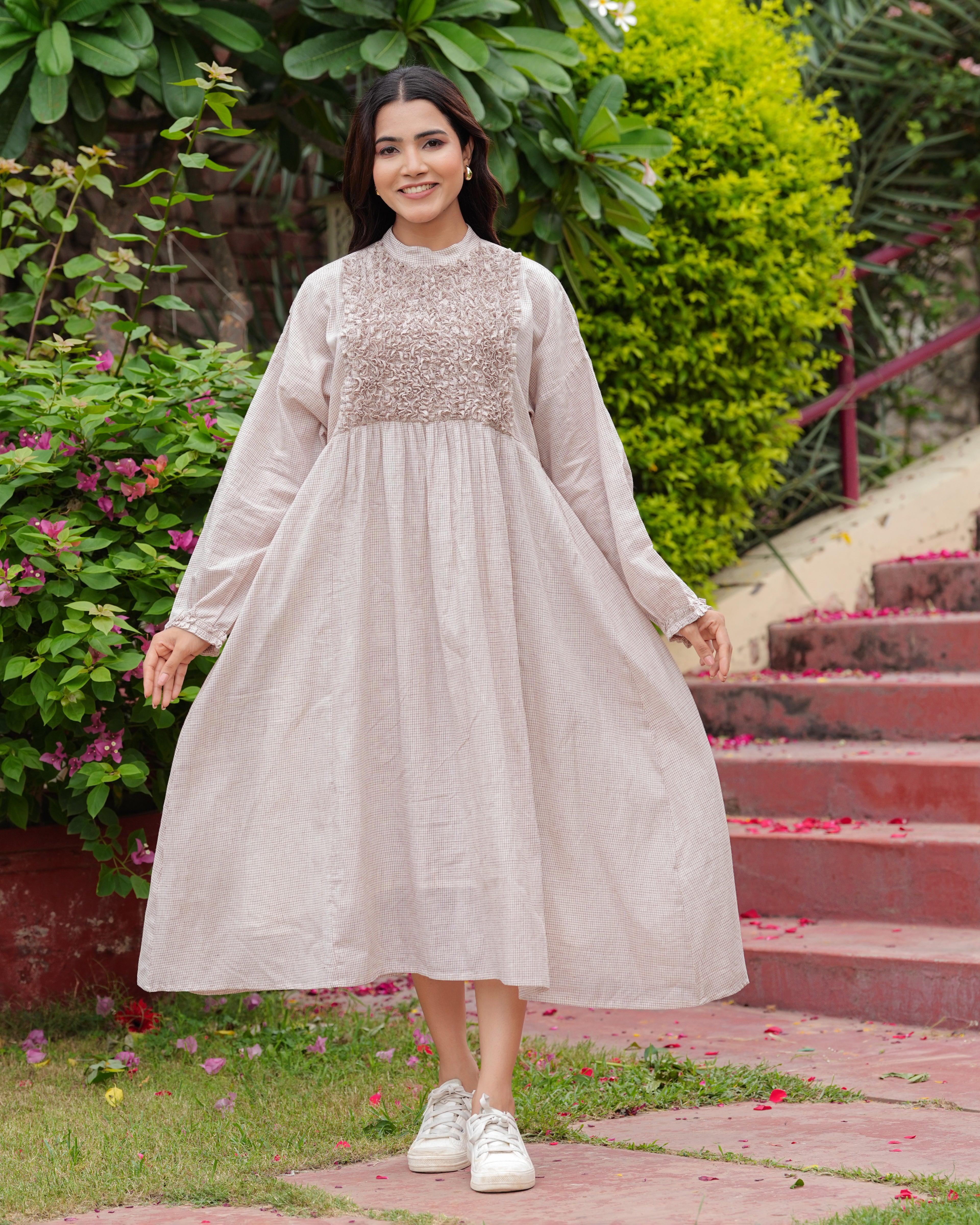 Khadi Cotton Covered Neck Midi Dress thejaipurart.com Khadi Cotton Covered Neck Midi Dress thejaipurart.com