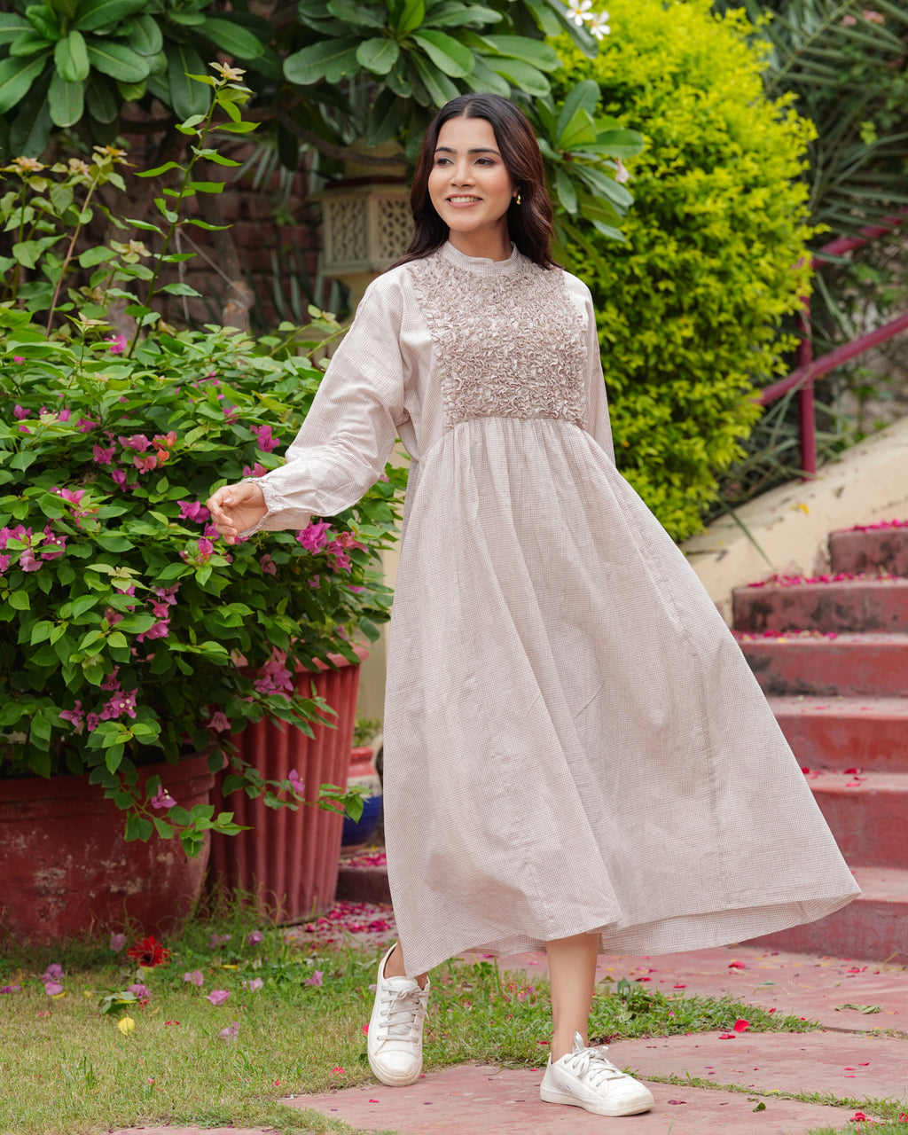 khadi cotton dress Khadi Cotton Covered Neck Midi Dress thejaipurart.com