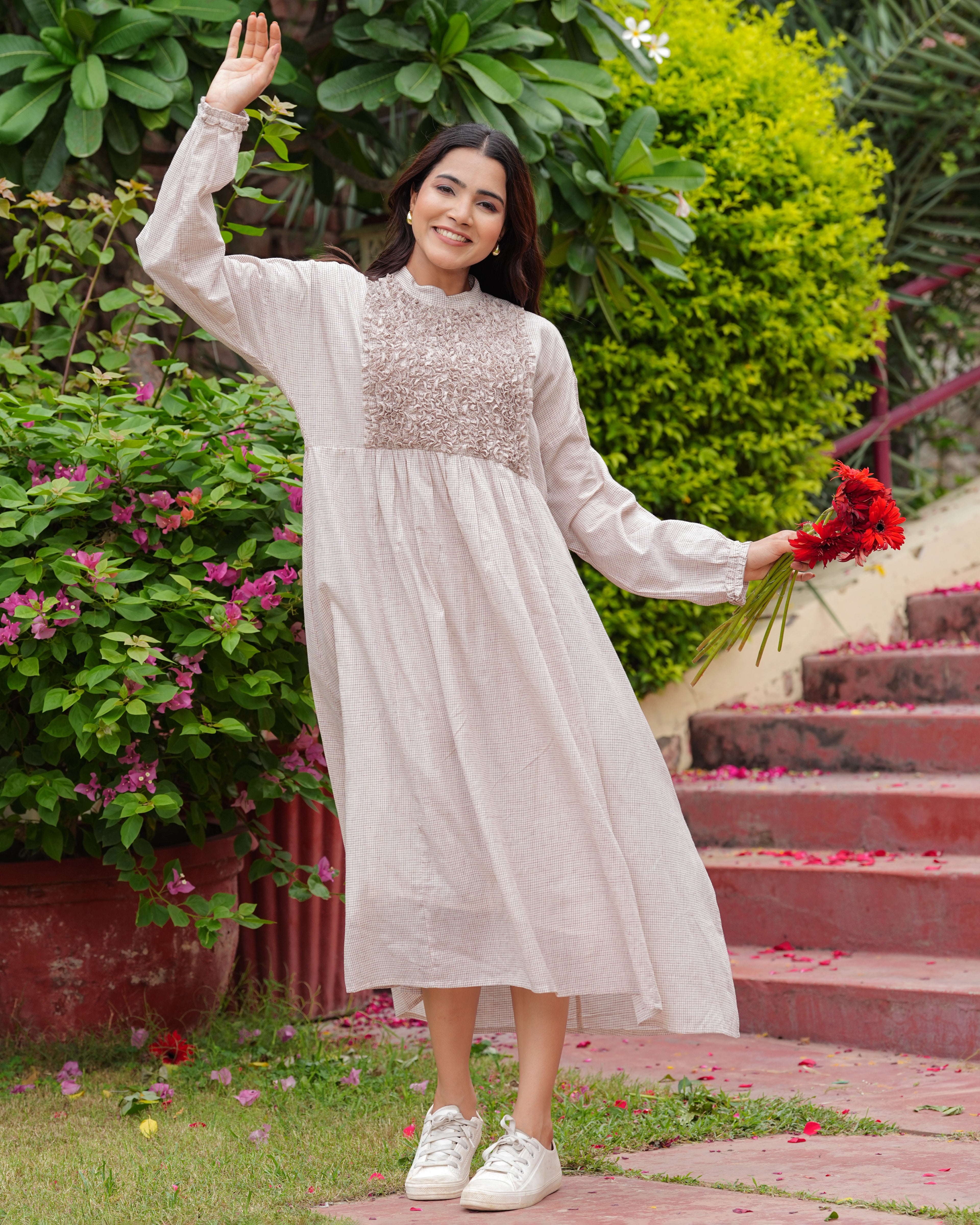 Khadi Cotton Covered Neck Midi Dress