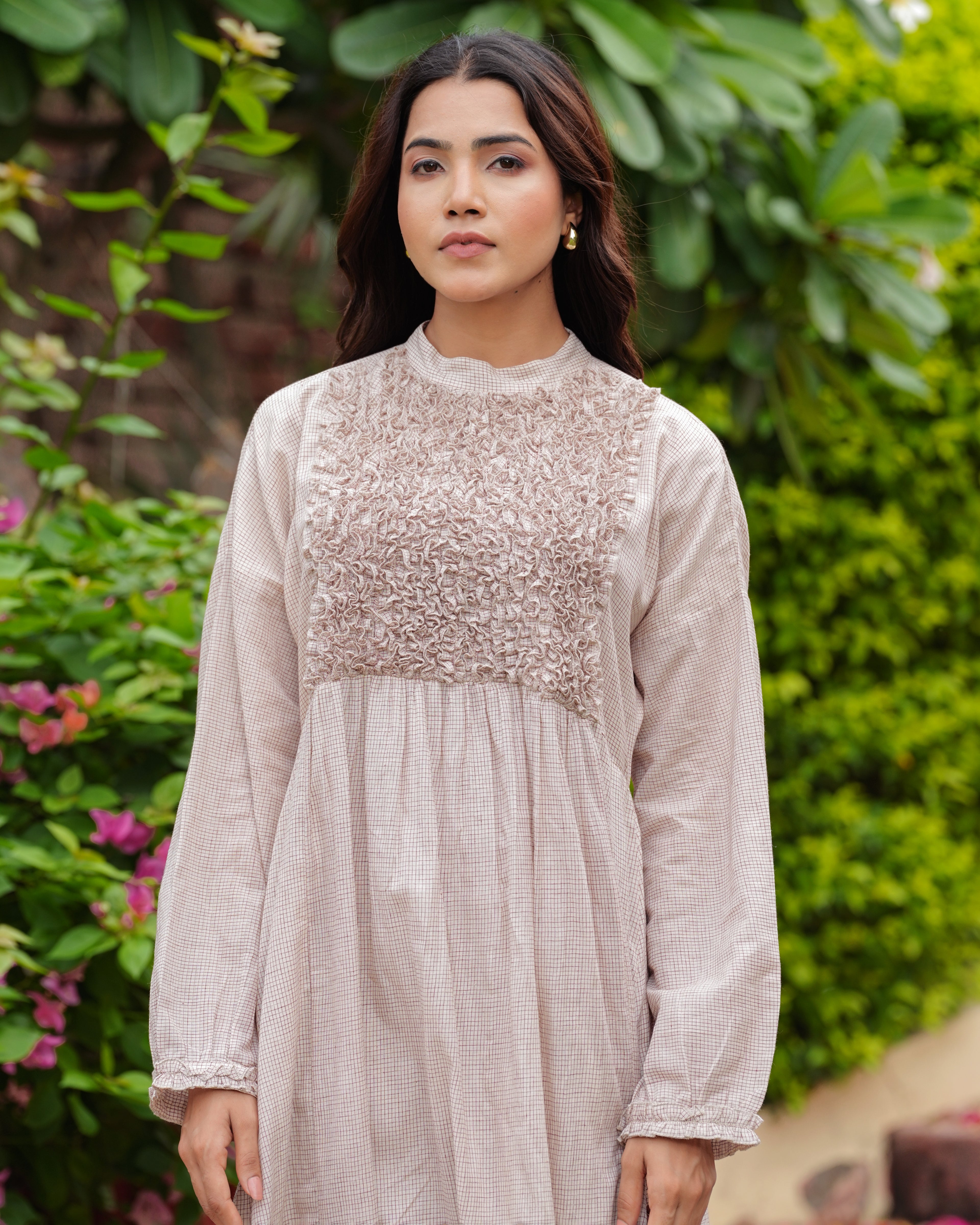 Khadi Cotton Covered Neck Midi Dress