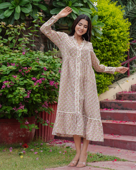 Hand Block Floral Print Full Length sleeves Beautiful handmade Elegant Cotton Beige Bloom Midi Dress