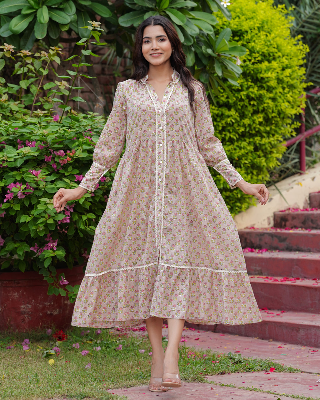 Hand Block Floral Print Cotton Beige Bloom Midi Dress