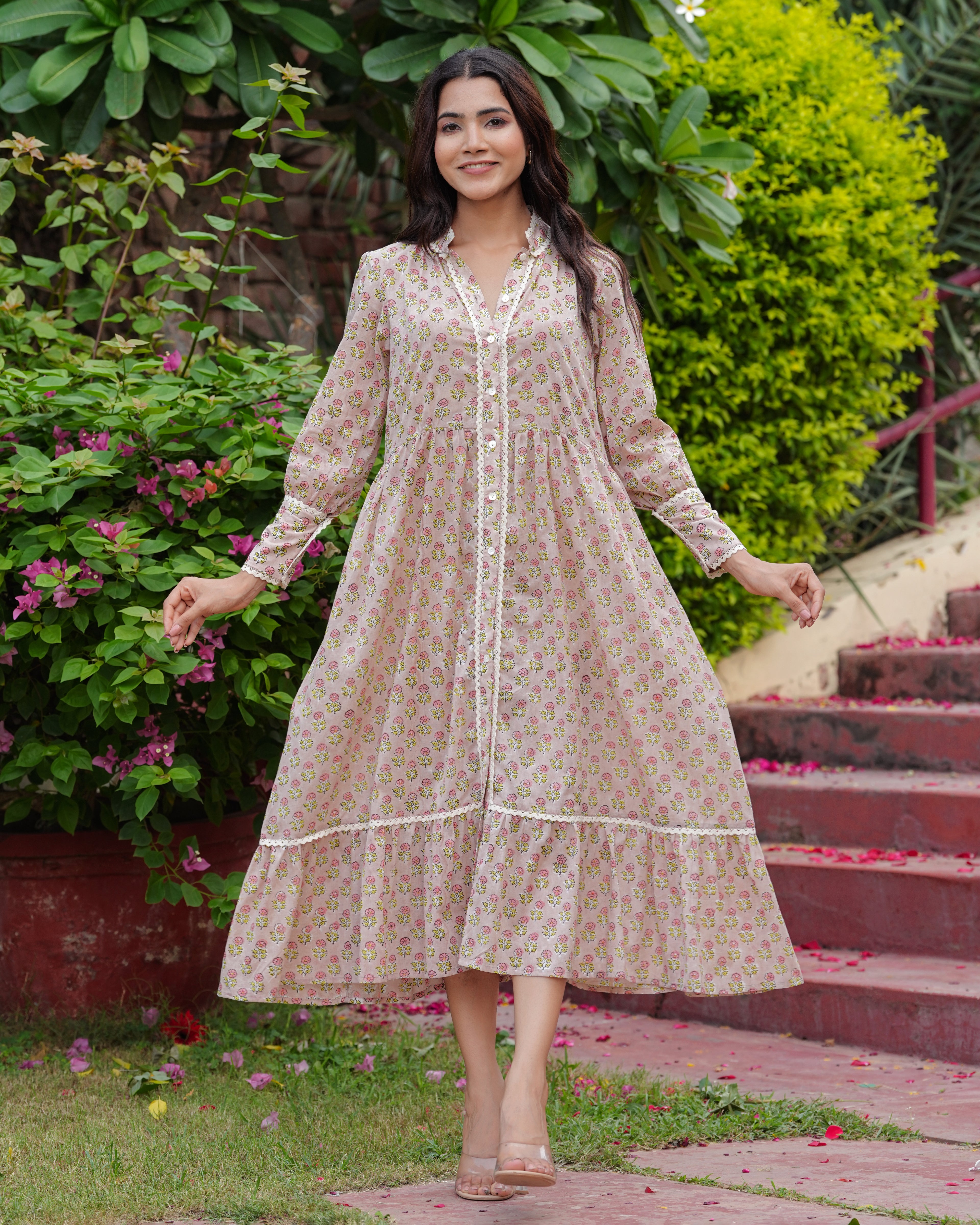 Hand Block Floral Print Cotton Beige Bloom Midi Dress