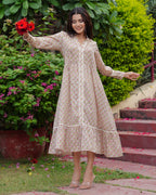 Hand Block Floral Print Cotton Beige Bloom Midi Dress