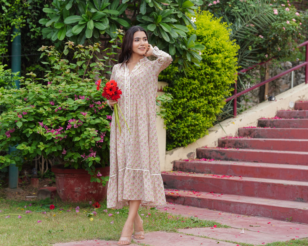 Hand Block Floral Print Cotton Beige Bloom Midi Dress