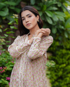 Hand Block Floral Print Cotton Beige Bloom Midi Dress