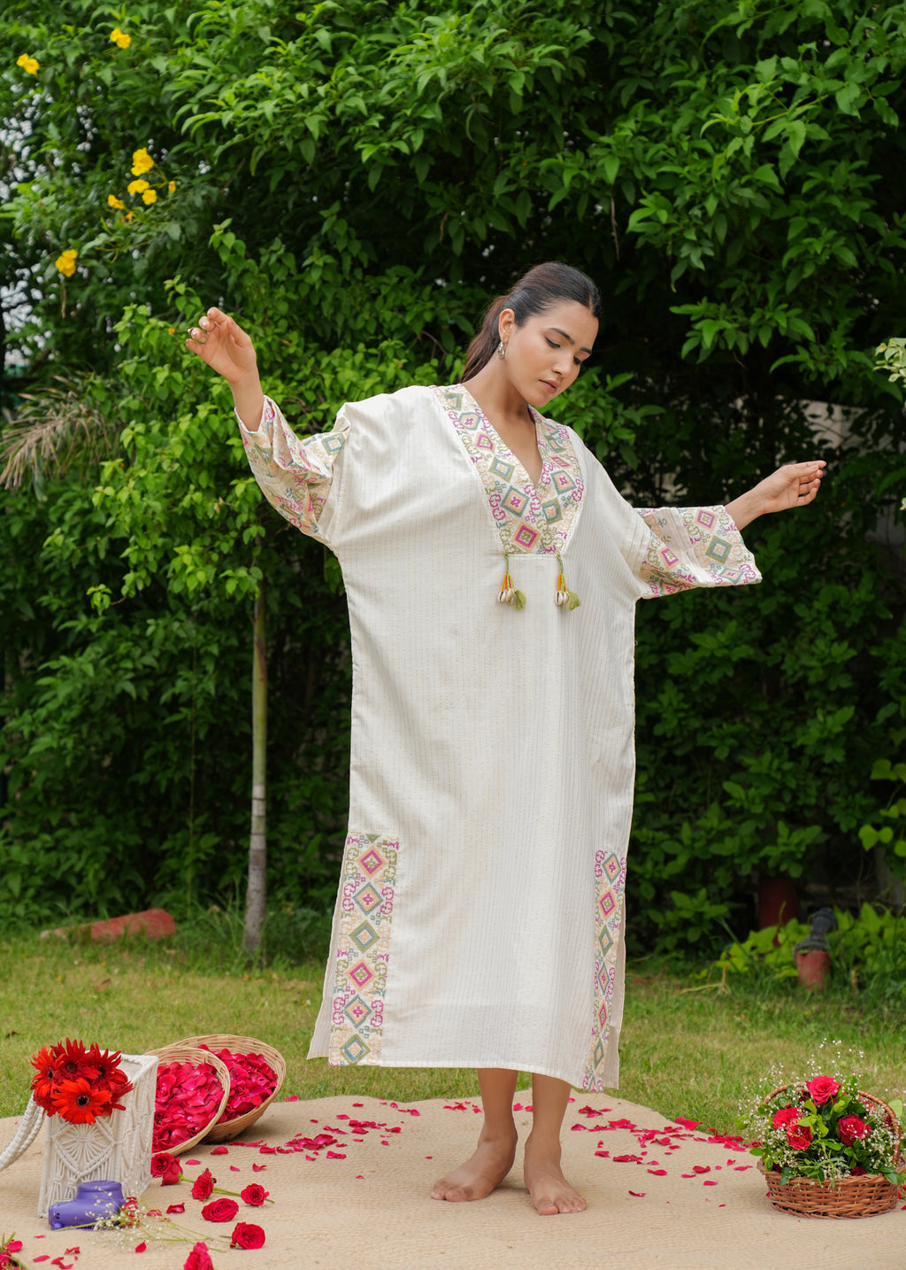 Handmade Pure Cotton Embroidery White Kaftan Style