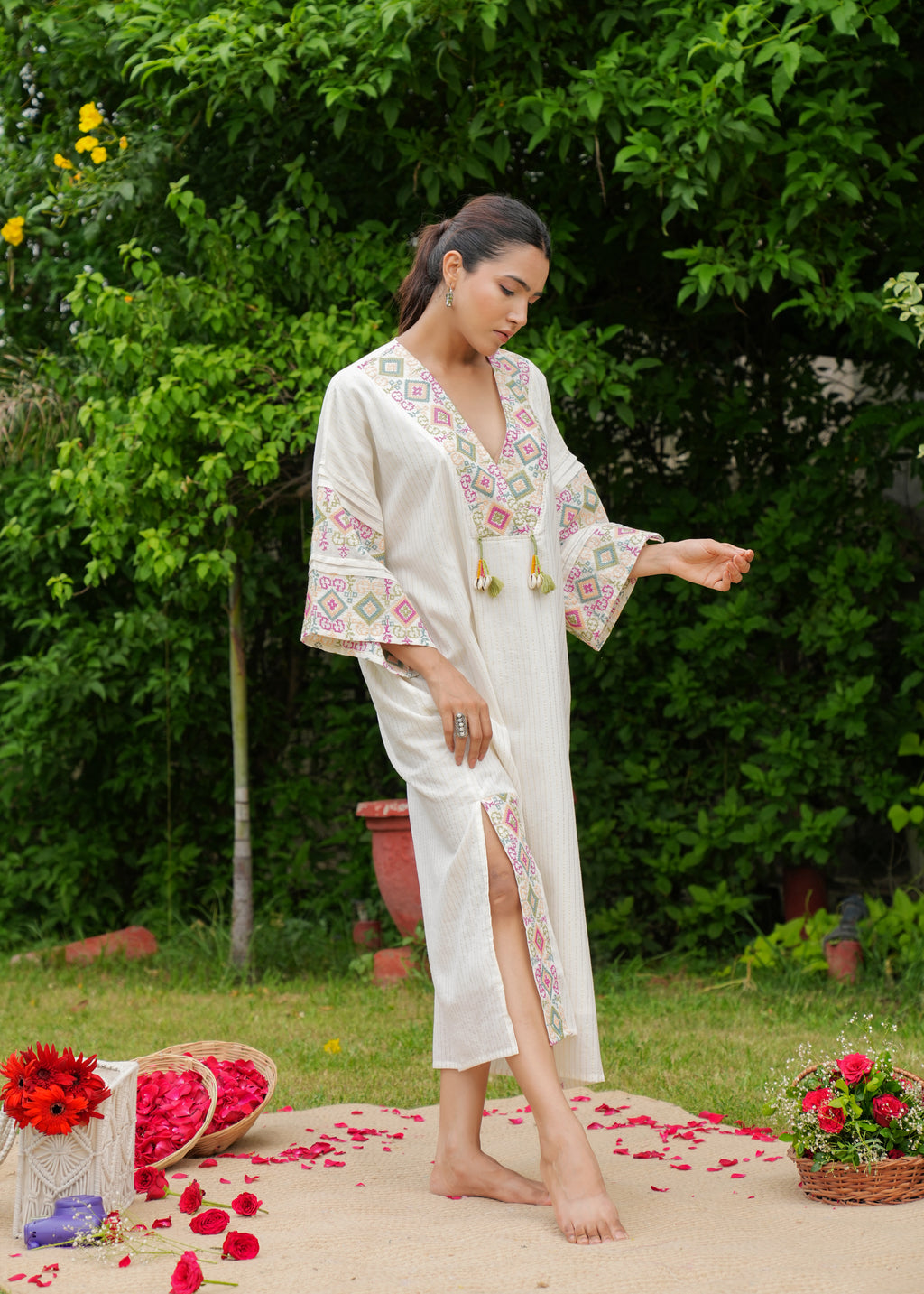 Handmade Pure Cotton Embroidery White Kaftan Style