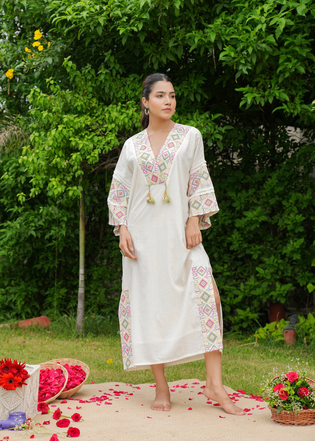 Handmade Pure Cotton Embroidery White Kaftan Style