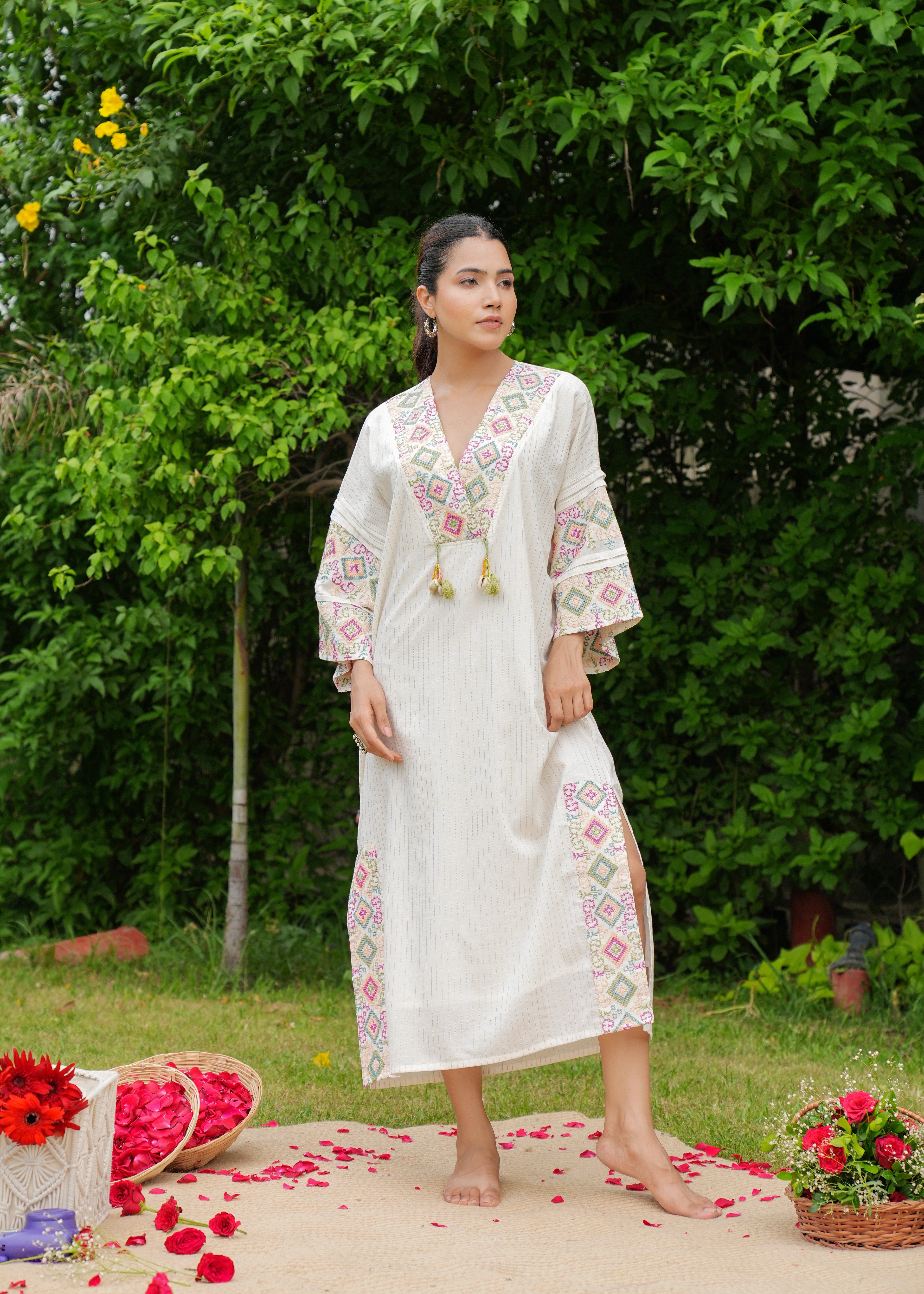 Handmade Pure Cotton Embroidery White Kaftan Style