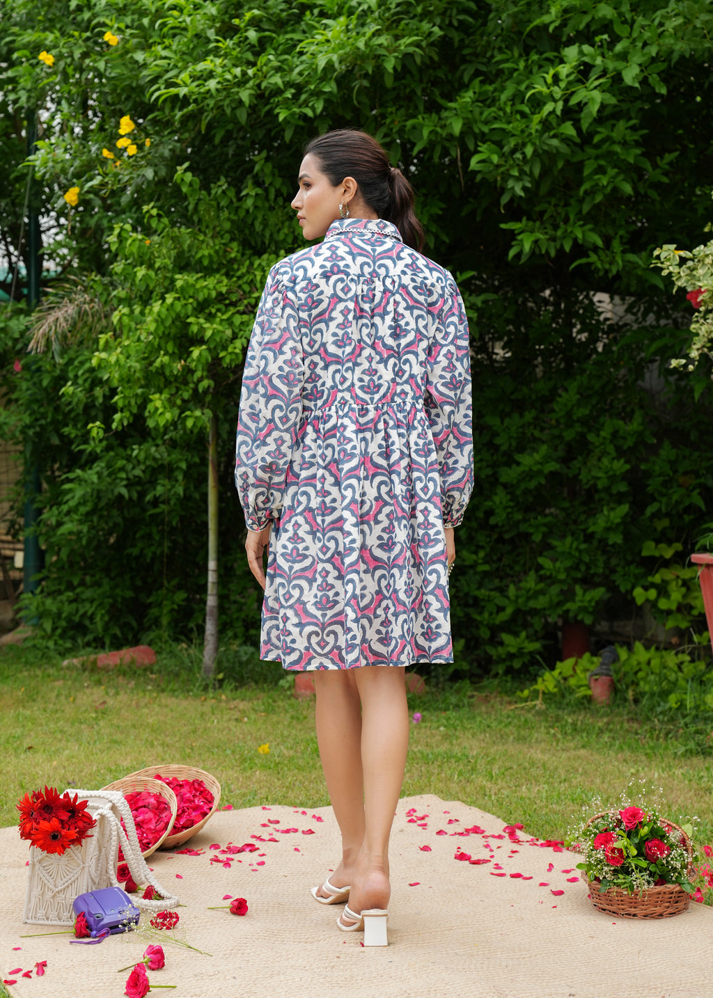 Hand Block Floral Printed Vintage Boho Handmade Cotton Short Dress