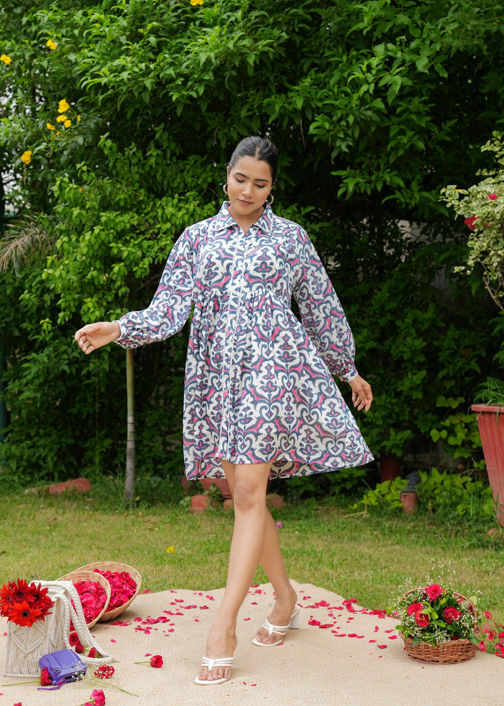 Hand Block Floral Printed Vintage Boho Handmade Cotton Short Dress