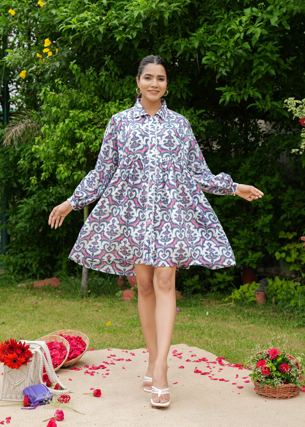 Hand Block Floral Printed Vintage Boho Handmade Cotton Short Dress