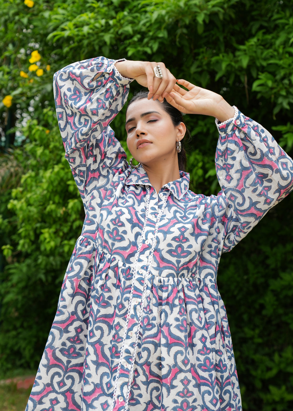 Hand Block Floral Printed Vintage Boho Handmade Cotton Short Dress