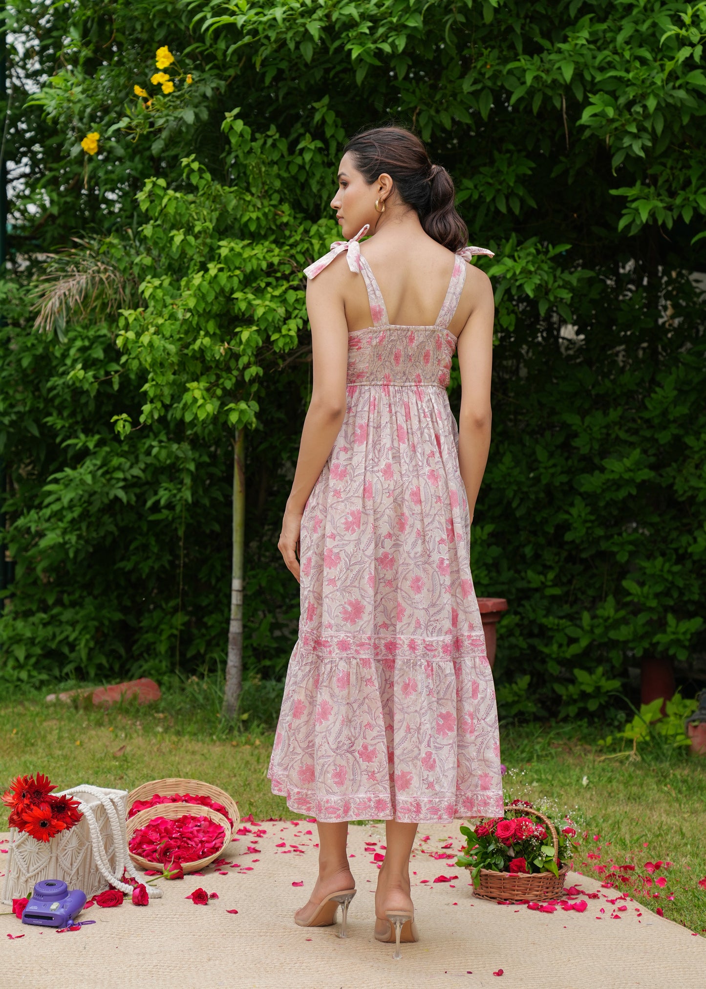 Beautiful Hand Block-Printed Pink Flower Dress