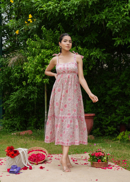 Beautiful Hand Block-Printed Pink Flower Dress